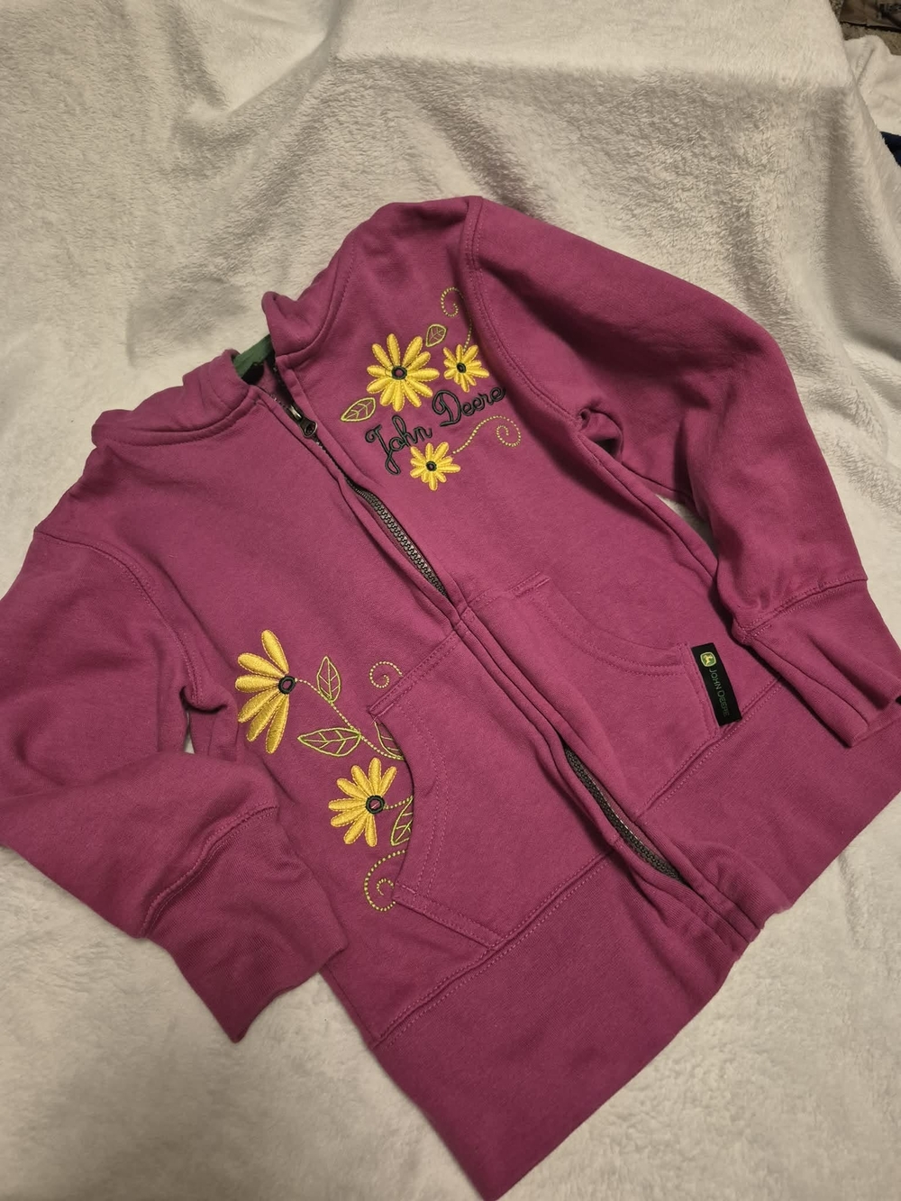 John Deere Girls' Magenta Floral Zip-Up Hoodie Jacket 7/8